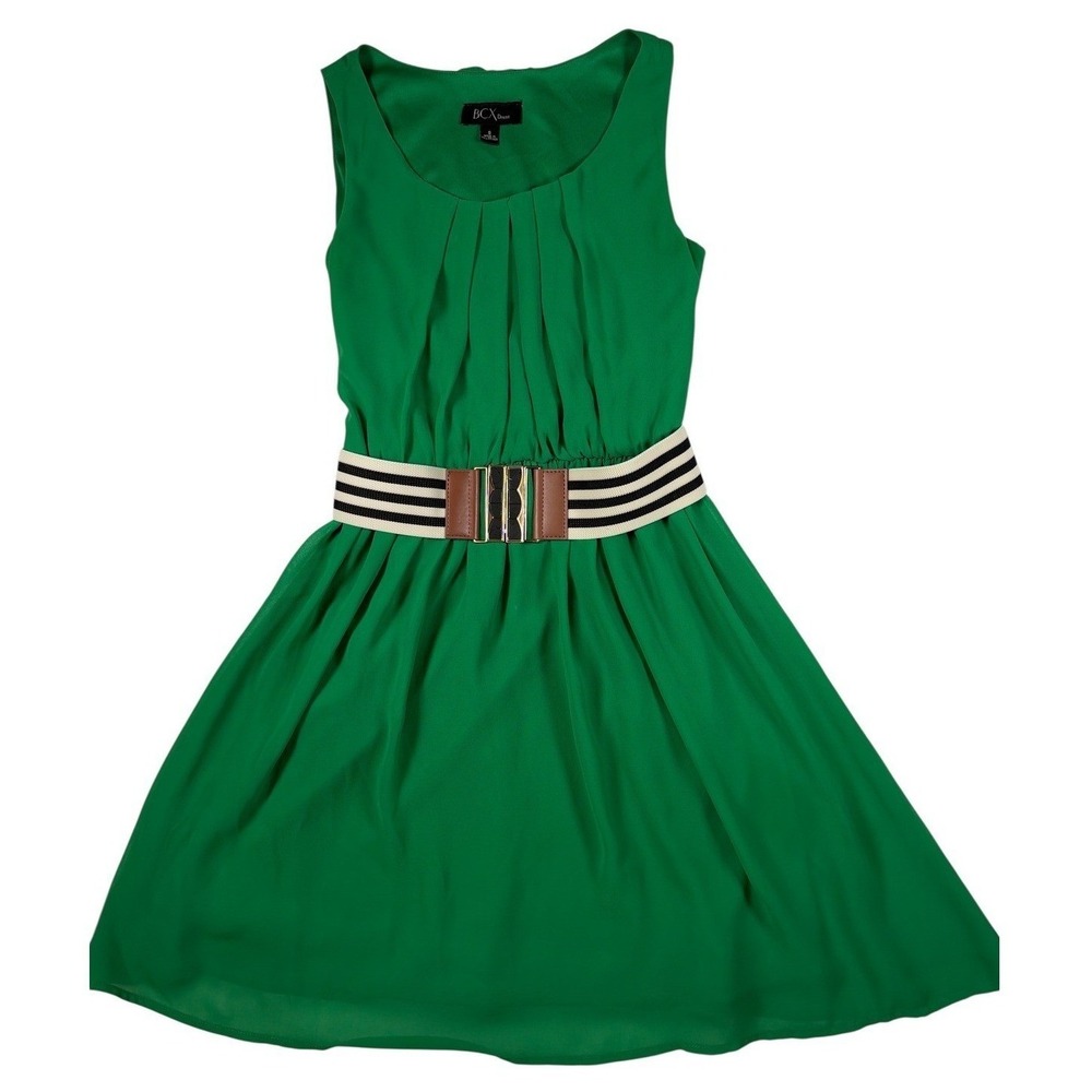 Green Fit Flare Dress Womens Small Sleeveless Pleated Belted Skater Dress Casual